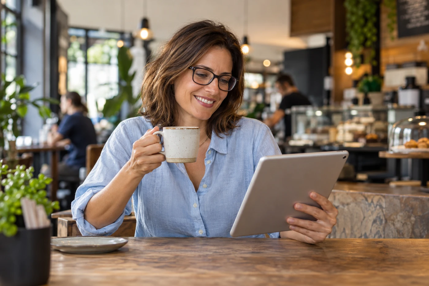 Imagem ilustrativa de uma mulher sorridente com óculos a utilizar um tablet num café